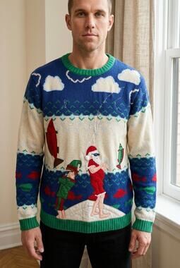 Ugly Santa Sweater Mens Size Small Santa Elf Fishing Christmas in July